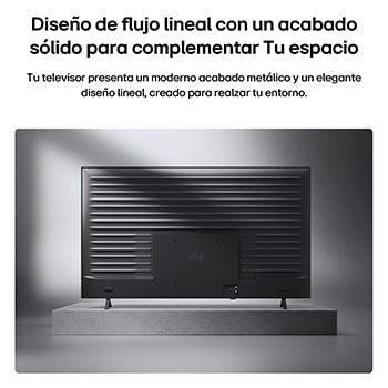 LG QNED AI QNED74 Mini LED is shown from the back, revealing a metallic rear panel with evenly spaced horizontal ridges that create a clean, structured look and emphasize the Linear Flow Design across the entire surface.